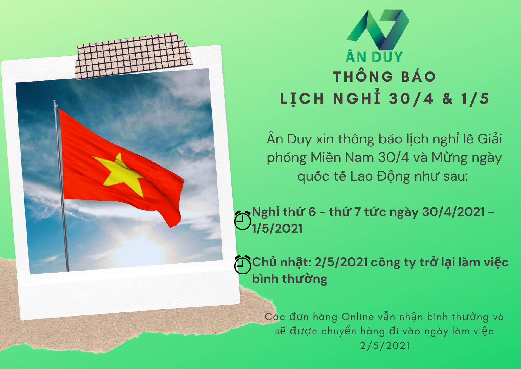 Thông báo lịch nghỉ 30/4 và 1/5